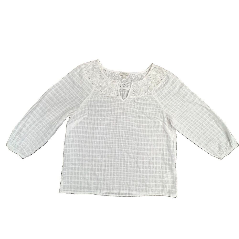 White Cotton Peasant Blouse Sm Petite Eyelet Trim 3/4 Sleeve Feminine Coastal